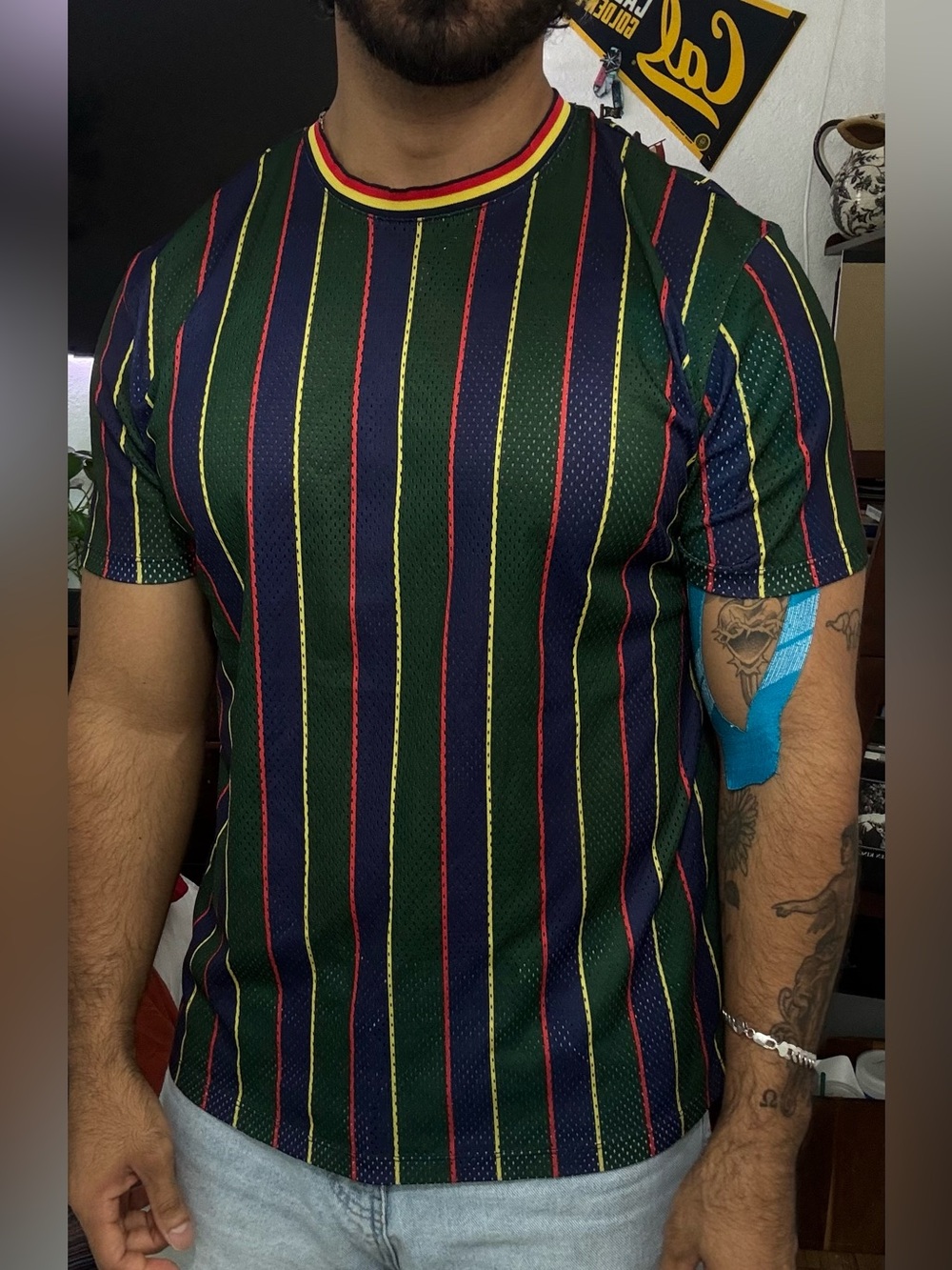 Forever 21 Men’s Green Short Sleeve Striped Tee with Multicolor Accents